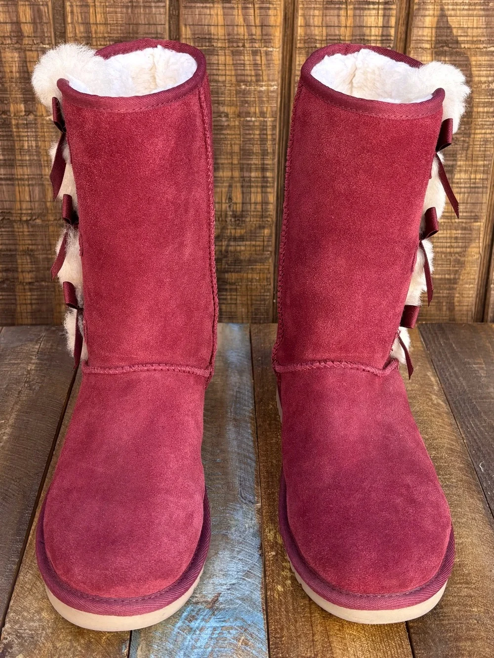 Koolaburra By UGG Victoria Red Wine Color Tall Boots With Pom-Pom Bows